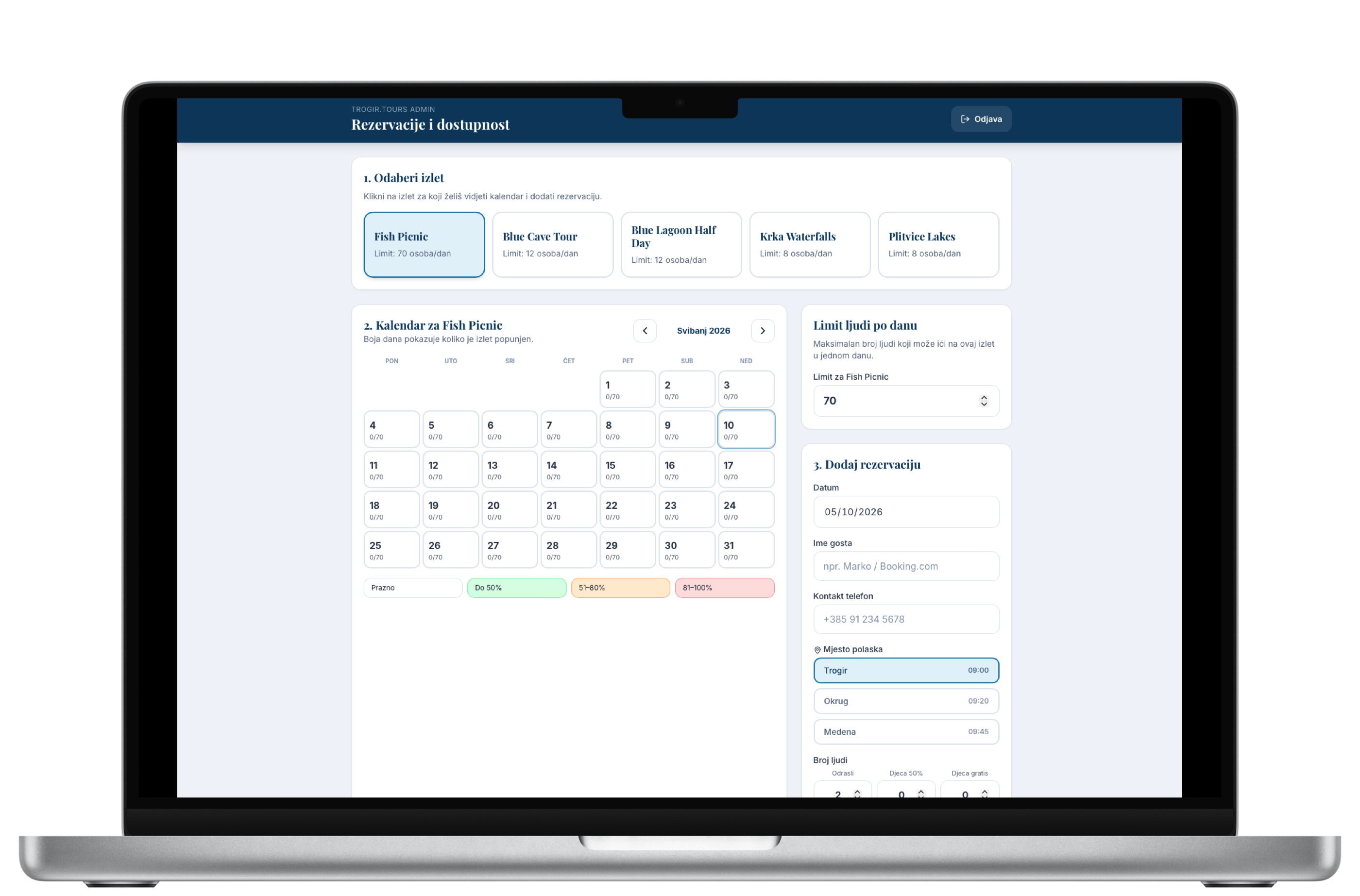 Trogir Tours admin dashboard mockup